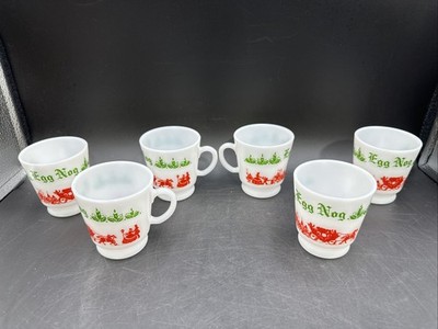 6 1950s Hazel Atlas Footed Milk Glass Christmas Victorian Egg Nog Carriage Mug