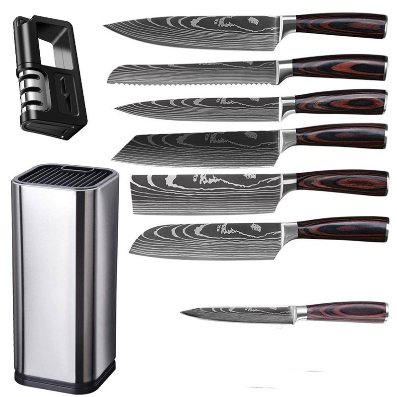 9PCKitchen Knives Set Japanese Damascus Style Stainless Steel Chef Knife Holder