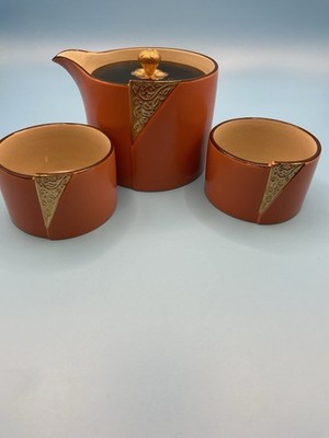 Asian Portable China Tea Set Gold Lotus Blossom Orange Retro Marked On Bottom