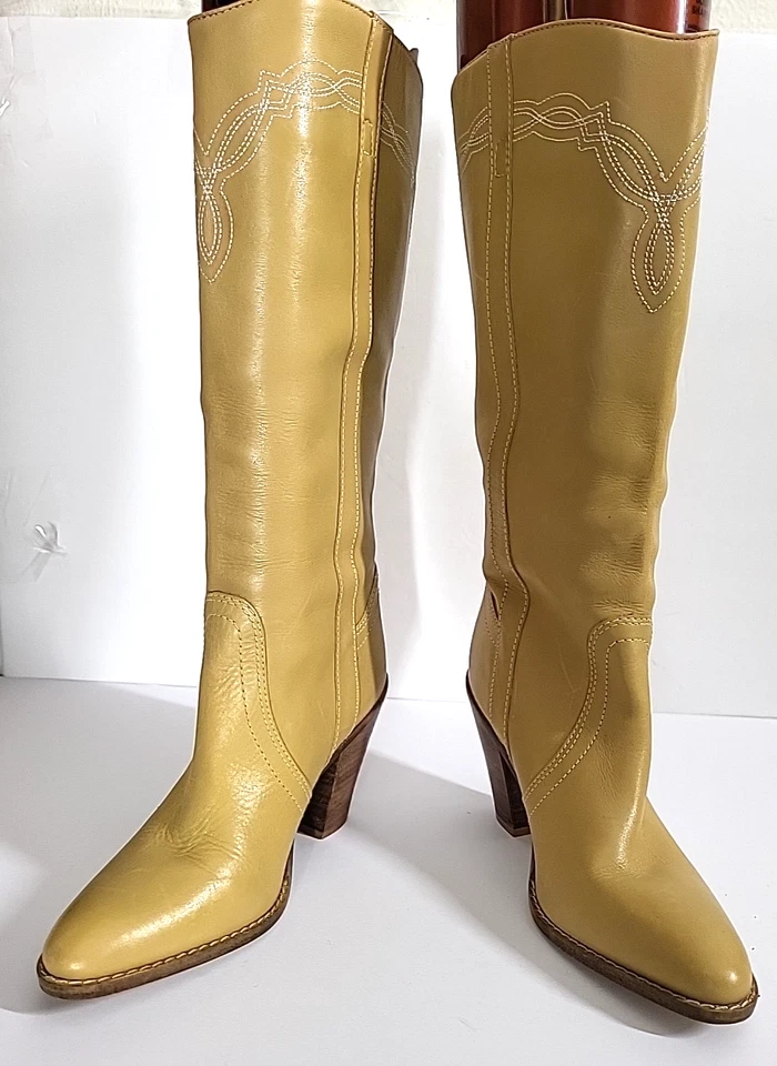 De colección BCBGirls Botas del Oeste de Cuero Tostado a Media Pantorrilla Vaquera Tacón Alto EE. UU. 7,5B Foto 3 de 4