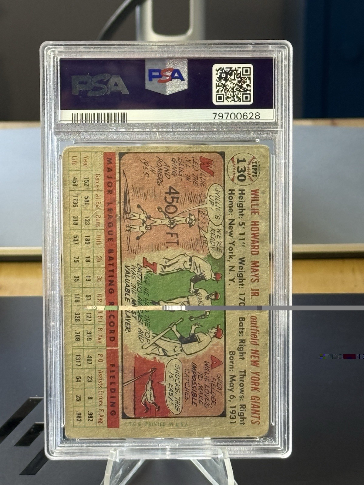 1956 Topps # 130 WILLIE MAYS PSA 1 PR Gray Back HOF NY Giants Well Centered view 3