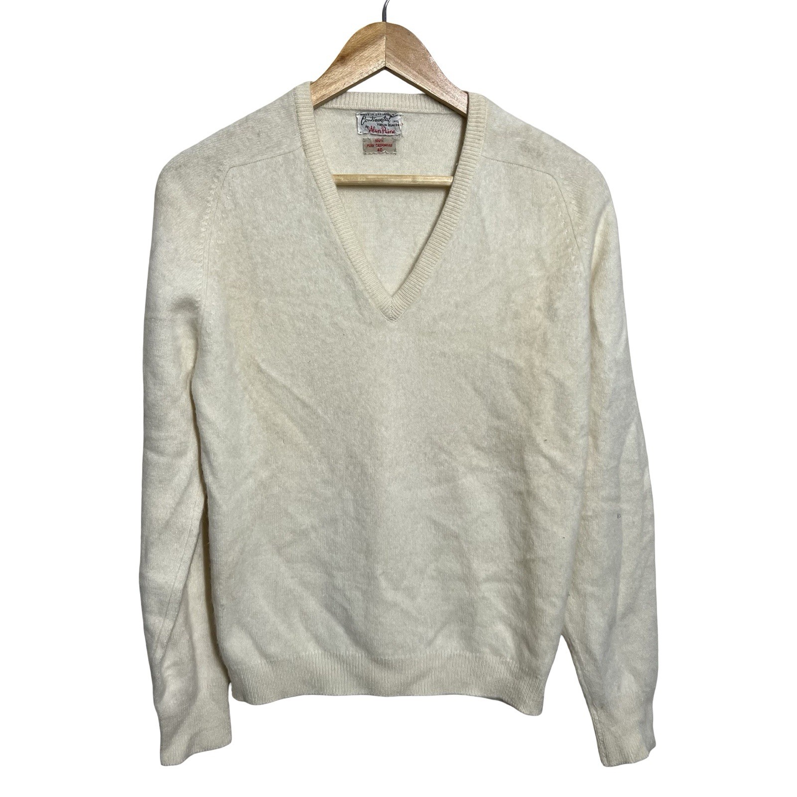 Vintage Alan Paine Sweater Mens Medium Ivory Cashmere V Neck Knit England 60s