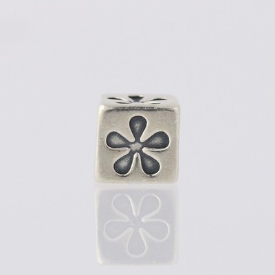Flower Block Bead Charm - Sterling Silver 925 Floral Jewelry Making Crafting