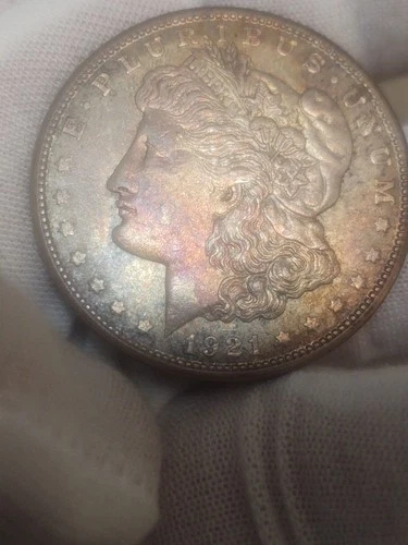 1921-S Morgan Silver Dollar AU/UNC with Luster & Paper Envelope colorful Toning