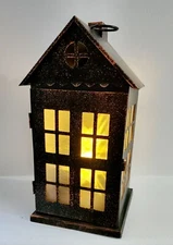 Primitive Style Bronze Metal Tin House Hanging Lantern with LED Bulbs EUC