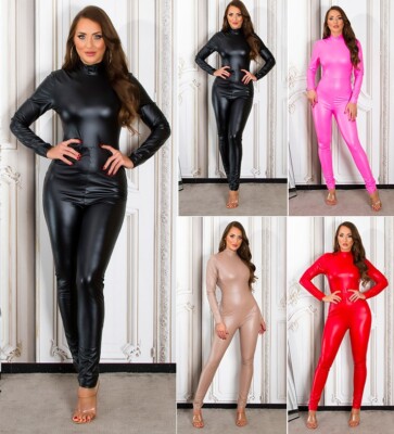 Koucla Overall langarm Wetlook Lederlook Kunstleder Optik Catsuit Milax-Fashion
