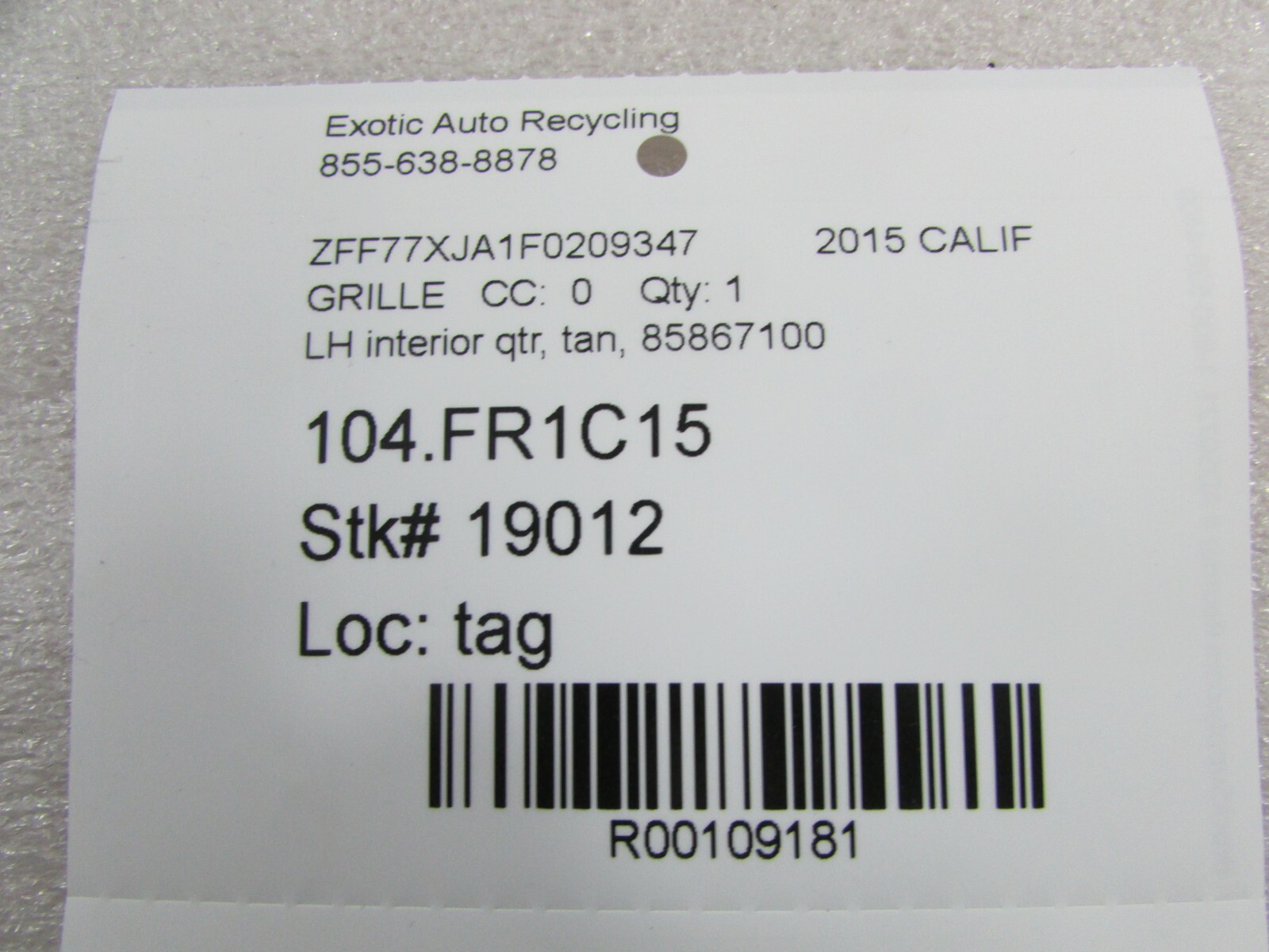 Ferrari California, LH, Left Interior Quarter Grille, Used, 85867100 