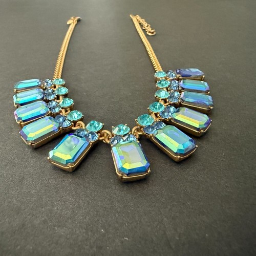 J Crew Statement Necklace Iridescent Blue Turquoise Crystal Stones Gold Adjustab - Picture 3 of 22