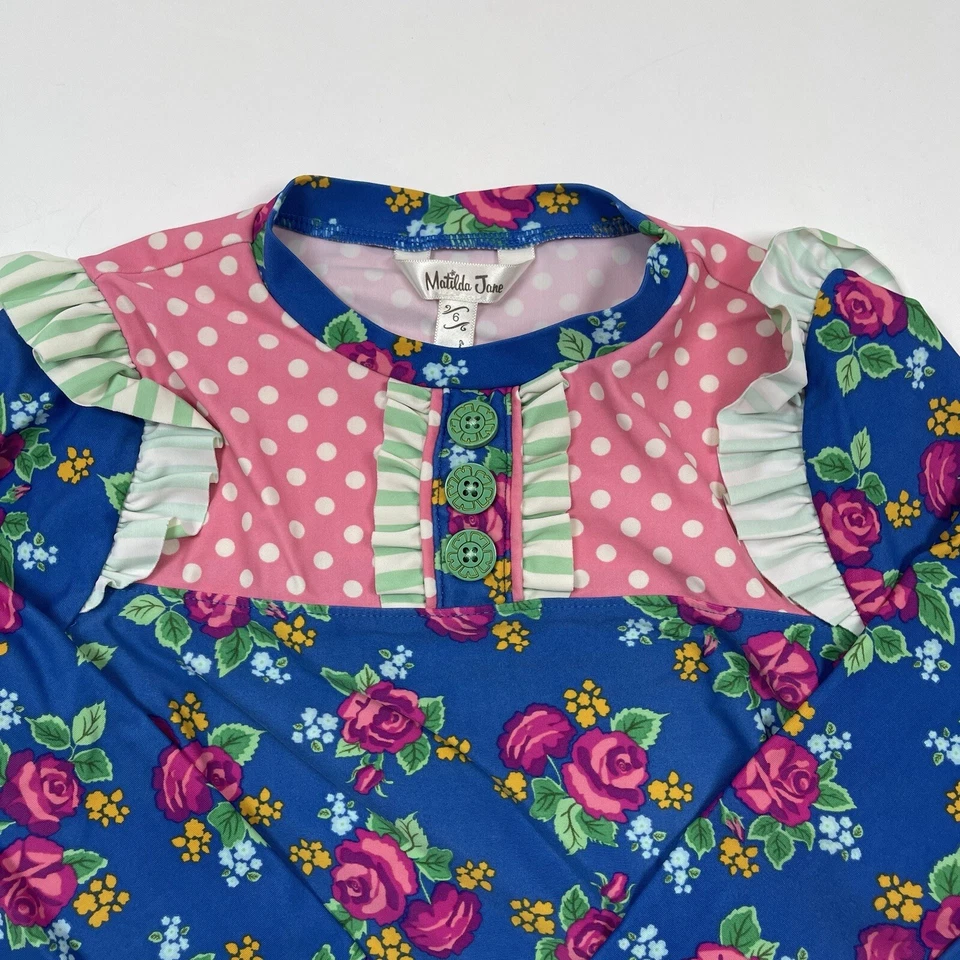 Mud Pie 女孩游泳上衣长袖防撞花卉荷叶边 6 码 — 第 2/4 张图片