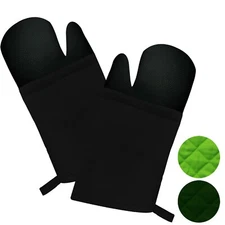 2 Pack Black Oven Mitts Non-Slip Silicone Cotton Heat Resistant Kitchen Gloves 