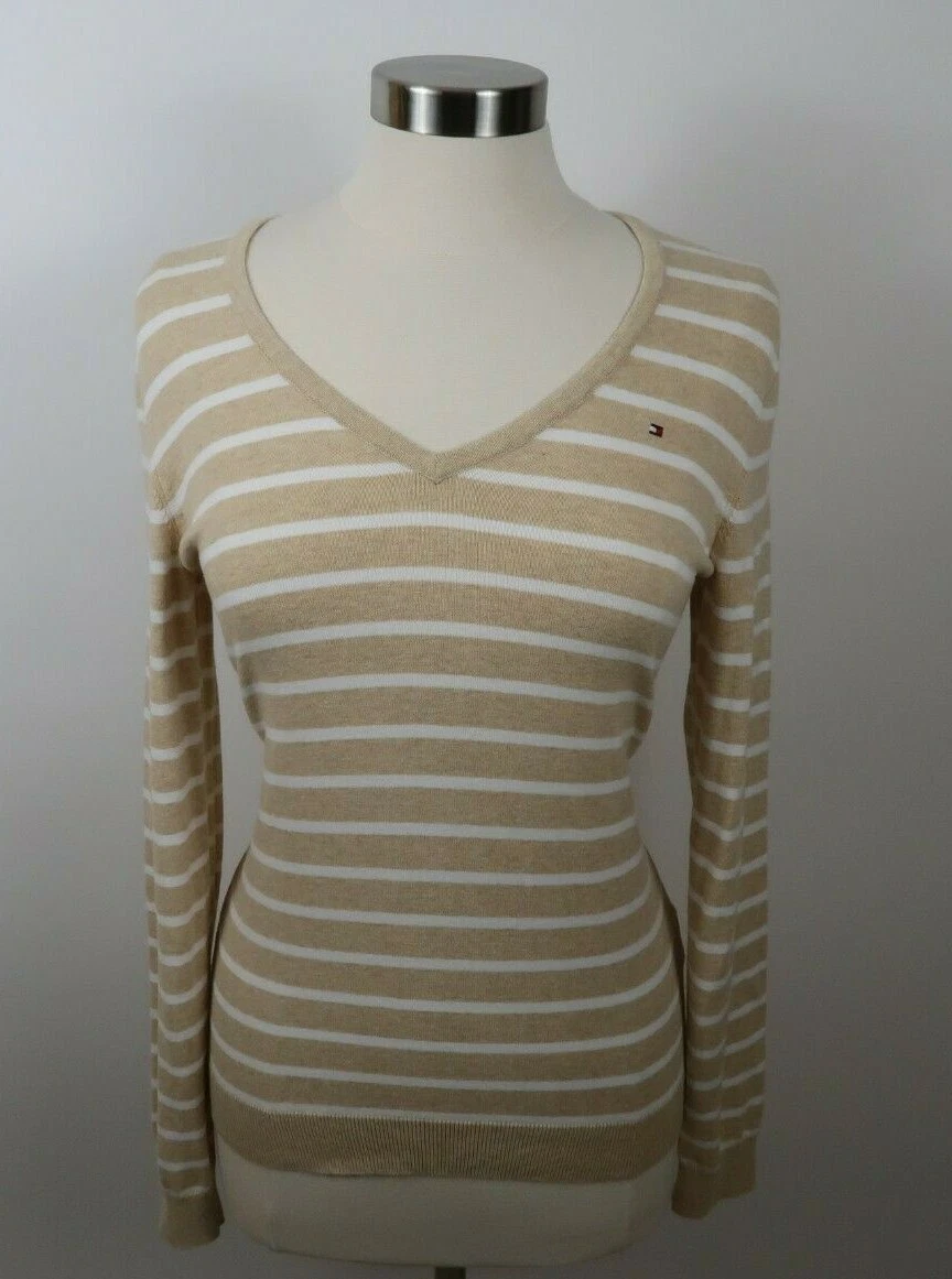 fragancia auricular selva Tommy Hilfiger Womens Pima Cotton Blend LS V Neck Beige White Striped  Sweater M | eBay