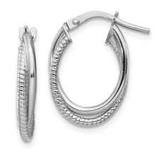 17.9mm 14k White Gold Polished and Textured Double Oval Hoop Earrings