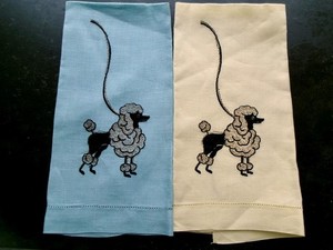 2 Vintage Hand Embroidered Black Gold Poodles Linen Guest Towels 1950s Kitsch