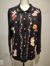 Vntg PB Design Pearl Beaded Christmas Cardigan Sweater Embroidered Party Lrg
