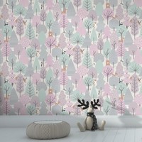 Muriva My Kingdom BäUme Tapete Tiere Teal Pink Waschbar Vlies M51603