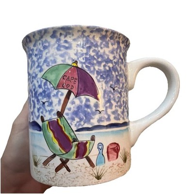 HAND-PAINTED CAPE COD MASS LARGE MUG COFFEE BEACH DECO X.A.S. 5  Tall Collectors