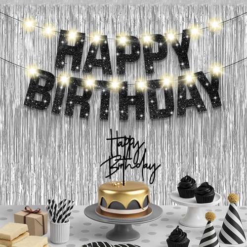 KatchOn, Black and Silver Birthday Decorations Set - Pack of 5 | Glitter Happy B