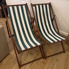 Pair of Traditional Wooden Deckchairs Green White Stripe Fabric Deckchair Retro