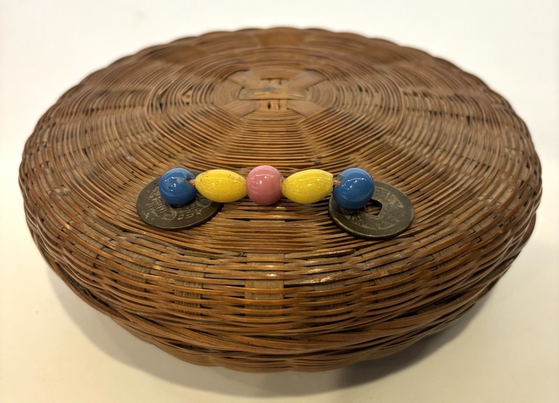 Antique 7” Chinese Woven Sewing Basket w/Beads/Coins and Lid