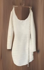  White Knit Bodycon Short Dress Scoop Neck Full Sleeve Size S