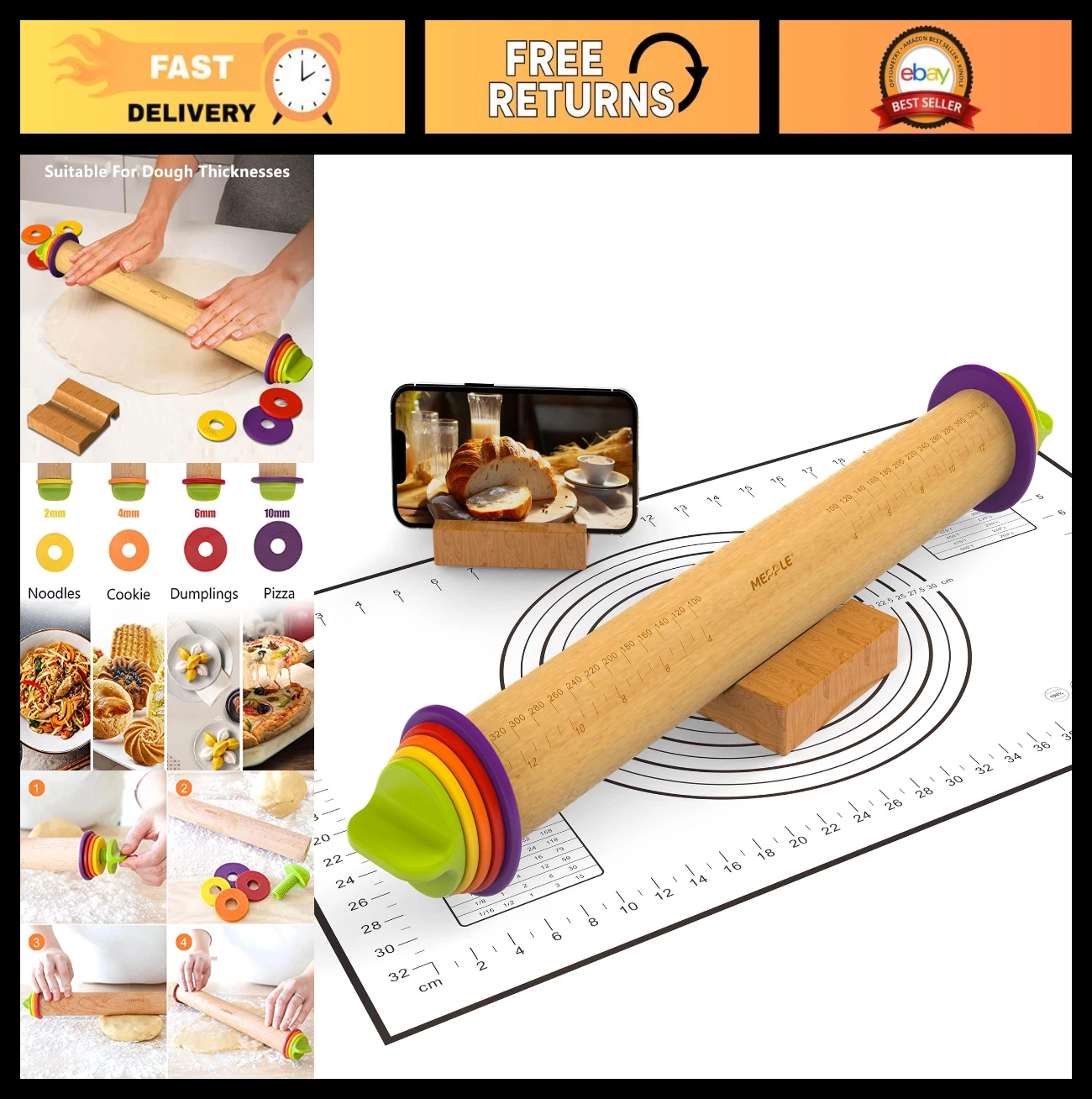 Adjustable Wooden Rolling Pin with Thickness Rings & Silicone Pastry Mat - 13.6"