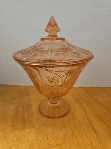 Vintage FEDERAL Pink Glass Sharon Cabbage Rose Candy Dish / Jar With Lid