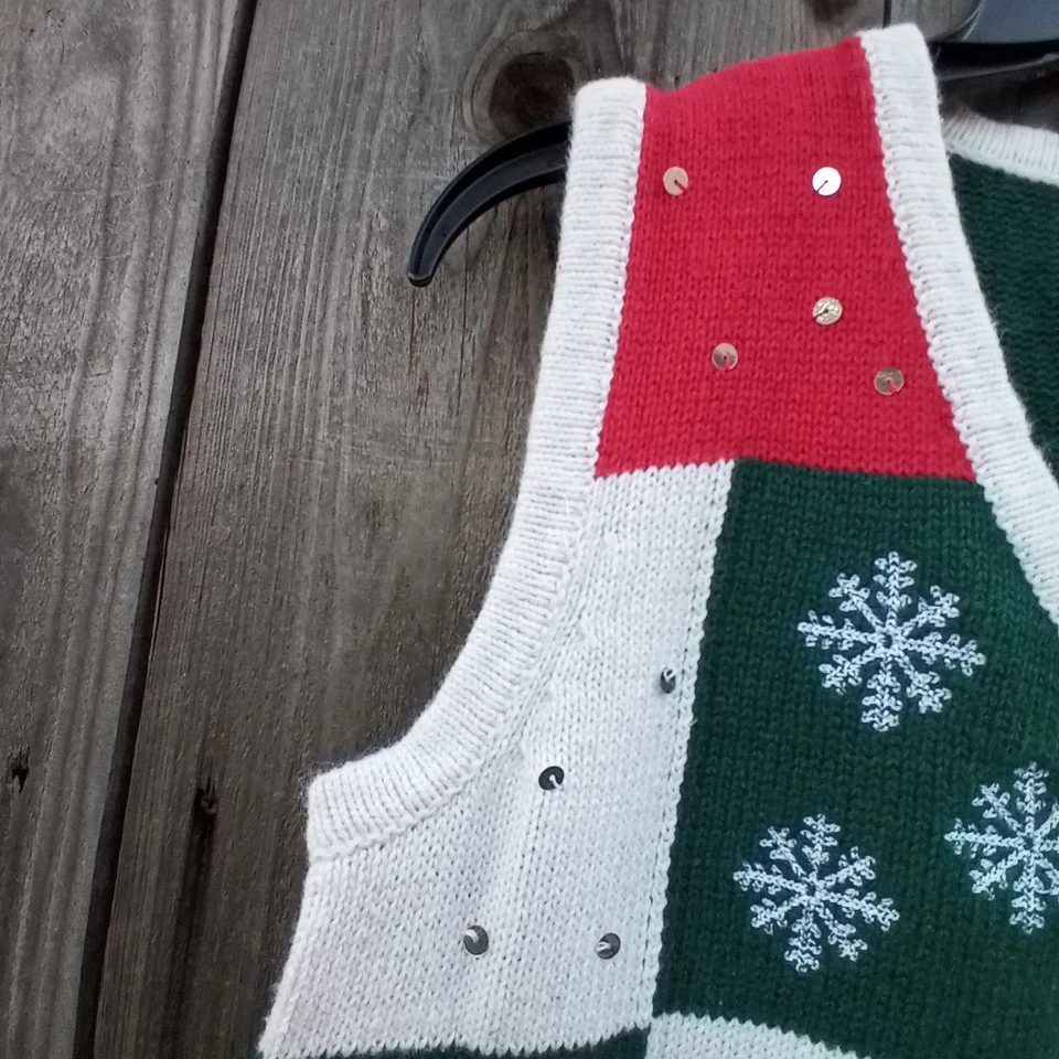 HOLIDAY EDITIONS VEST UGLY SWAETER WOMEN SZ S GREEN COLOR BLOCK V NECK STRETCH - Image 4 of 4