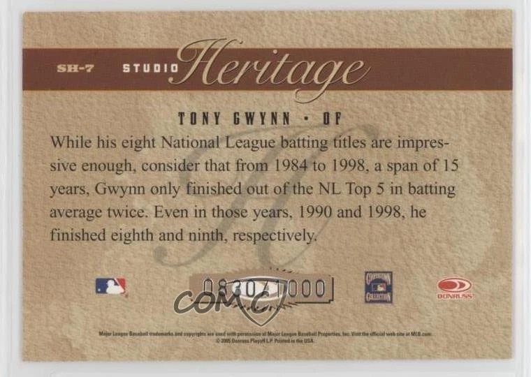 2005 Donruss Studio Heritage /1000 Tony Gwynn #SH-7 HOF - Image 2 of 2