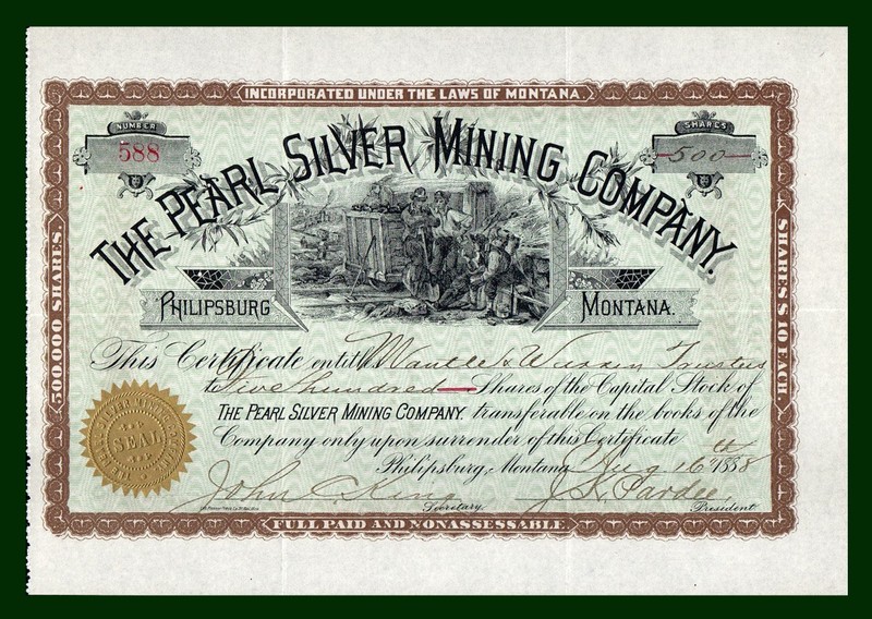1888 PHILIPSBURG MONTANA Pearl Silver Mining Co. Stock ⛏️ Signed by J. K. Pardee