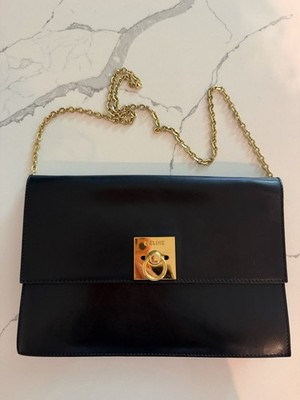 CELINE Black Shoulder Bag Gold Chain Strap Clasp Closure Red Lining Pockets