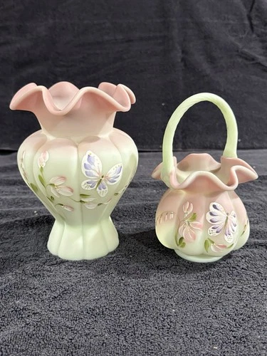 VTG Fenton Art Glass Burmese Vase and Basket with Butterflies