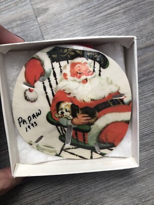 Vintage Shellacked Sand Dollar Christmas Ornament Santa & Dog Puppy 3.5 inches