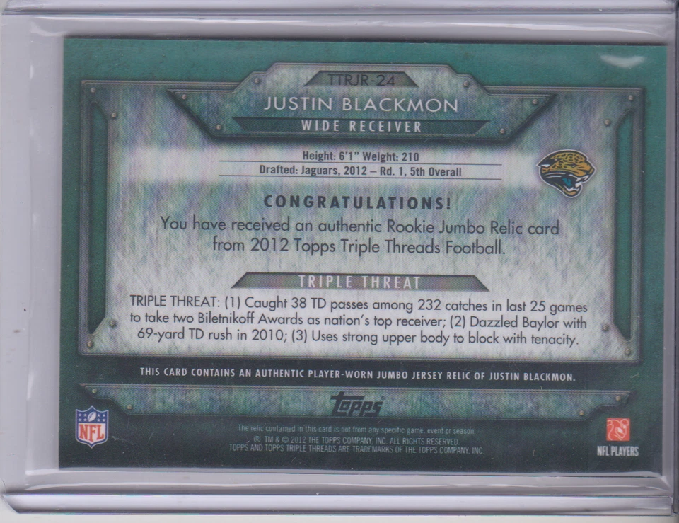 2012 Triple Threads Justin Blackmon Rookie jersey 36/50 Jacksonville Jaguars - Image 2 of 2