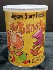 Vintage THE 3 LITTLE PIGS Jigsaw Story PUZZLE 10.5" Round - 52 Pc TIN 1968