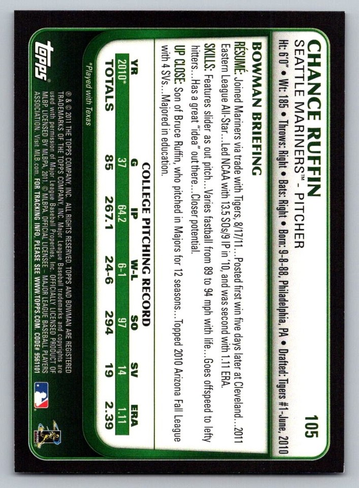 2011 Bowman Draft Picks & Prospects Rookie Card RC Chance Ruffin ...