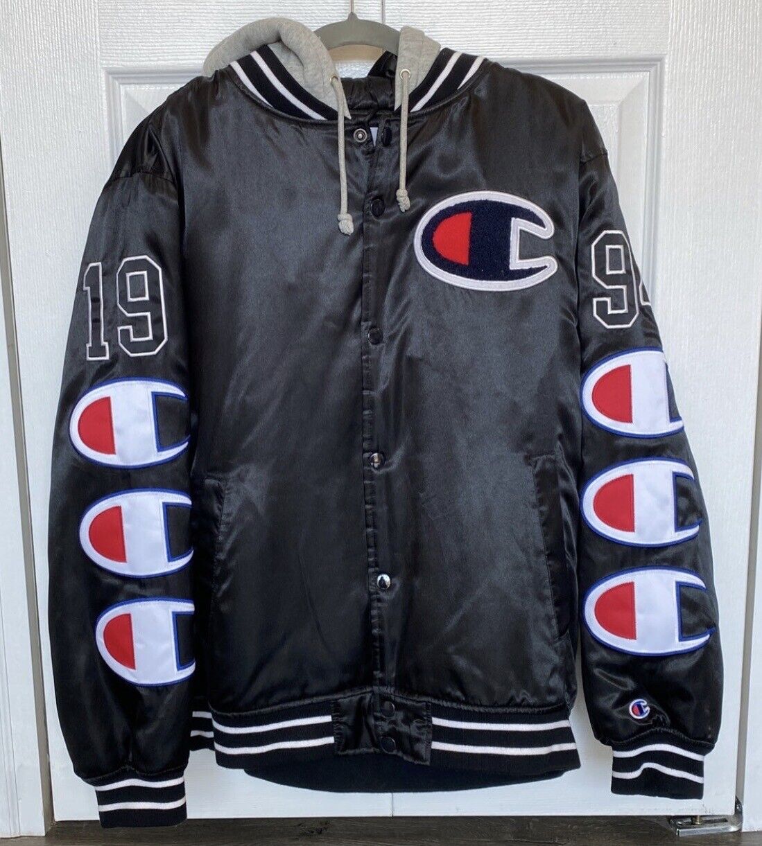 Supreme Champion Hooded Satin Varsity Jacket - Size M - Black