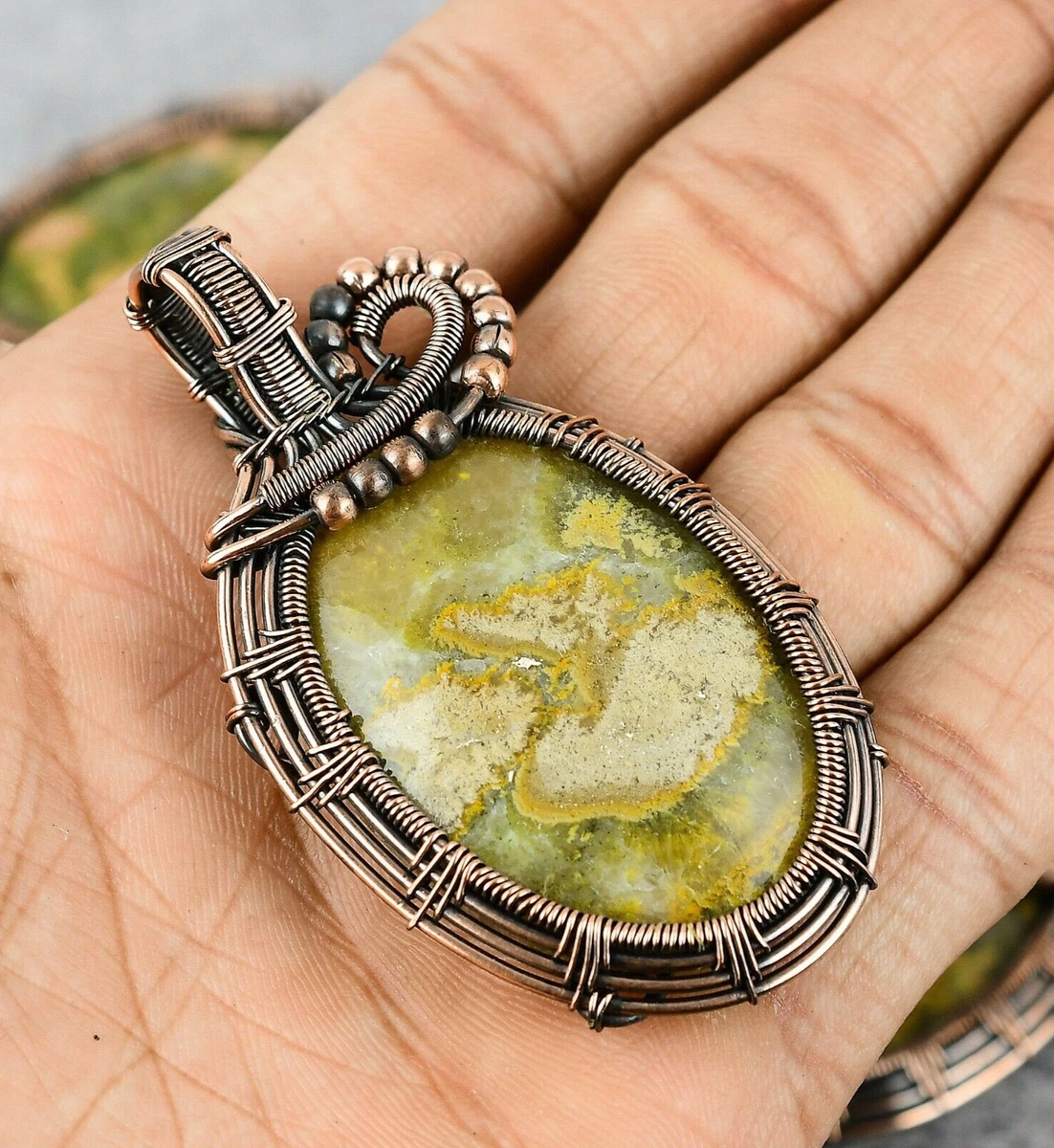 Bumblebee Jasper Gemstone Pure Copper Wire Wrap Handmade Pendant