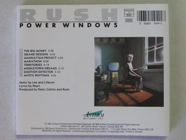 Rush Power Windows CD Canada Press Anthem Records Label Vank 1049 Like New OOP Foto 2 de 4