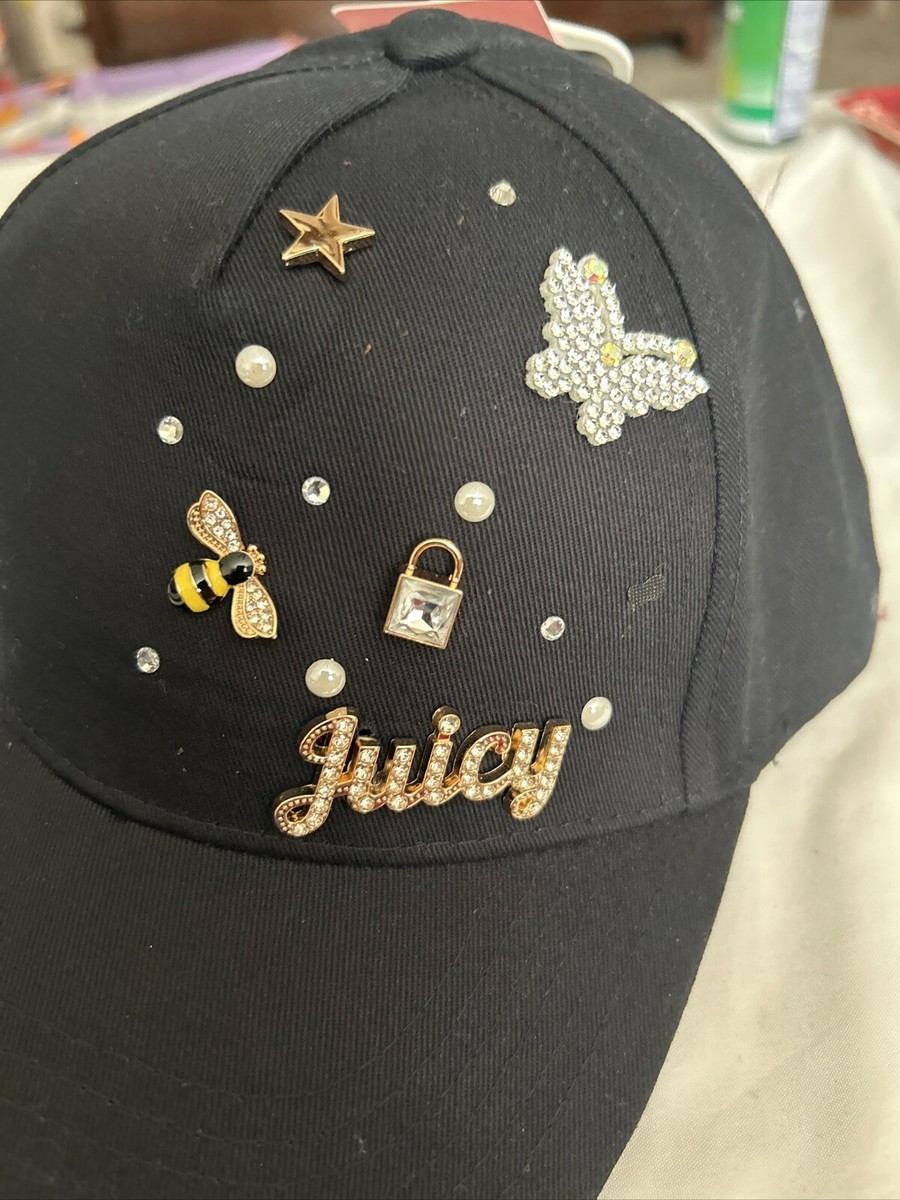 JUICY COUTURE★ Embroidered logo hat JC256 Juicy Couture Black Cap Hat W/ Rhinestone Crystals Gold Logo