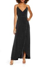 Women's Lulus Celestial Metallic Tulip Hem Wrap Gown, Size Large - Black