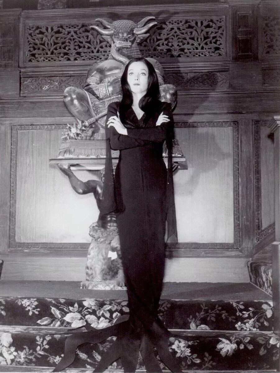 morticia black dress The Addams Family Carolyn Jones Morticia Black Long Dress Crossing Arms 4x6  Pi