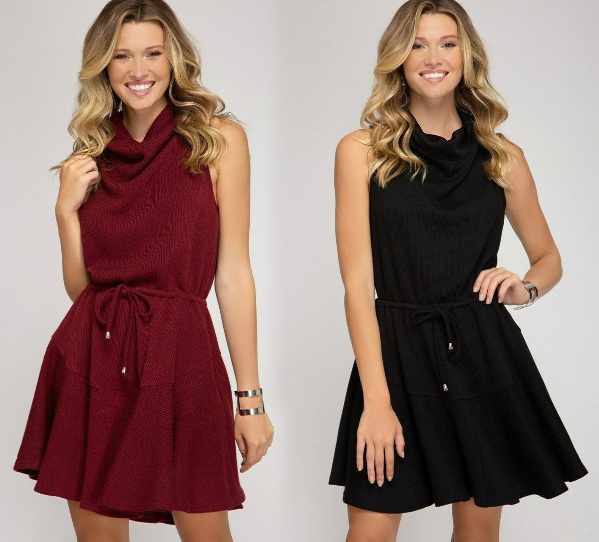 rib knit dress with flared skirt Women's Burgundy Rib-Knit Dress with Flared Skirt