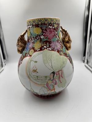 China Vase Kanton-Stil Familie Rose-Stil mit Bodenmarke, Goldenen Hirschköpfen