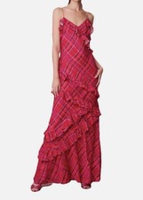 $765 Love Shack Fancy Size 4 Rialto Dress Cheery Red Plaid Metallic Ruffle Maxi