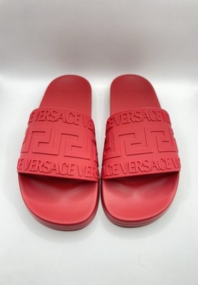 Versace Men's Deep Red ''Greca'' Print Embossed Pool Slide 42 IT(9US) Authentic