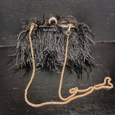 Black Feather Clutch Evening Bag Removable Chain Shoulder Strap Rhinestone Clasp