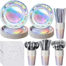 Iridescent Party Supplies Decorations, Holographic Paper Plates and Napkins S...