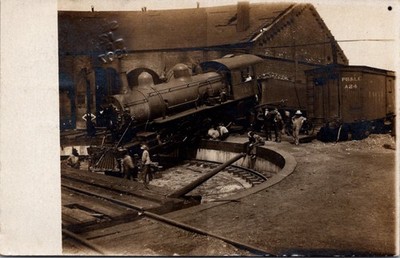 RPPC Real Photo Postcard Albion Pennsylvania Round House P&LE Wreck Locomotive