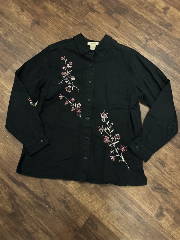 Bechamel Button Down 100% Cotton Black Floral Embroidered Shirt Women Size M EUC