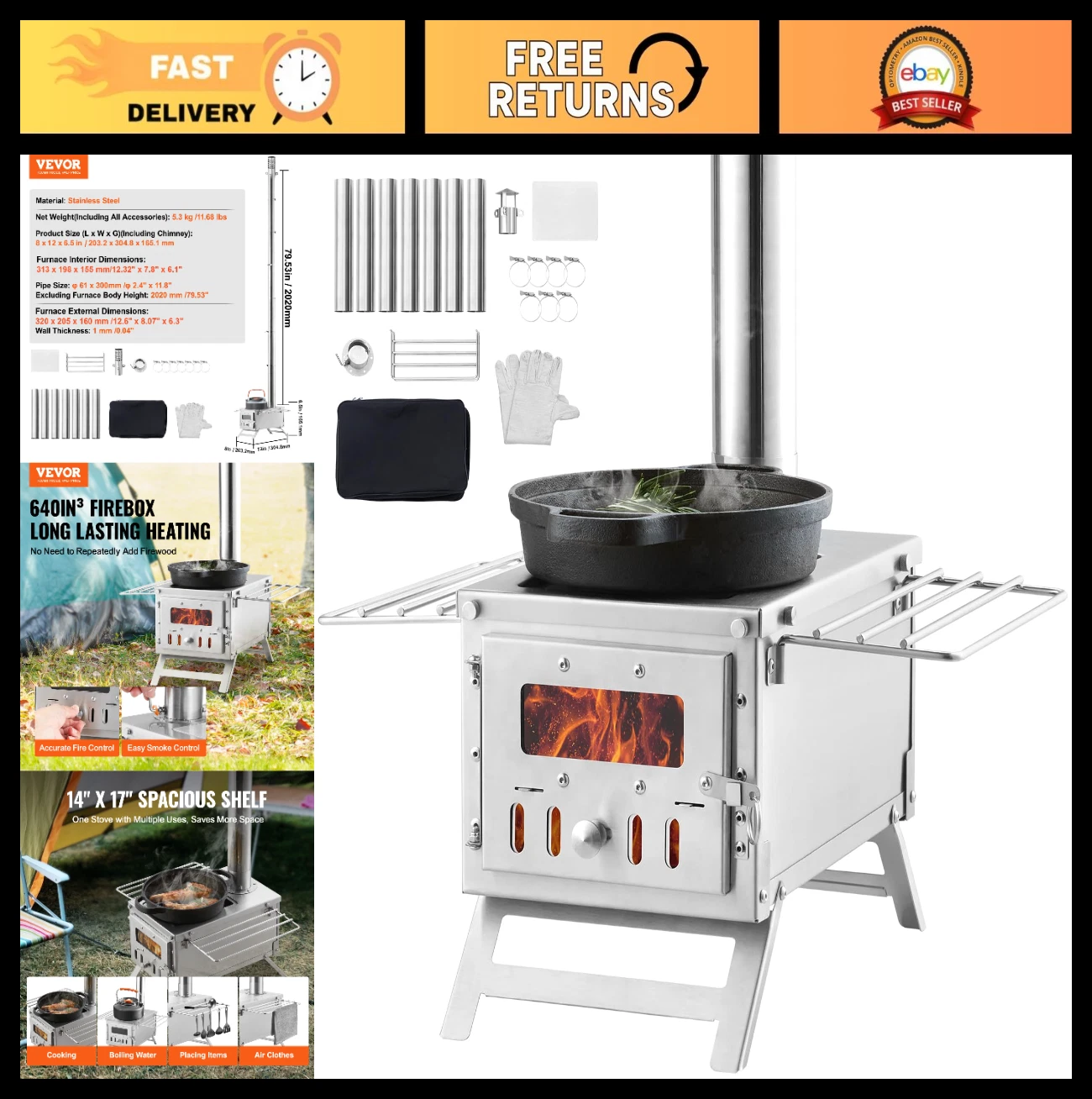 Portable Stainless Steel Camping Wood Stove with Chimney & Gloves, 640in³ Firebo
Opens in a new wind